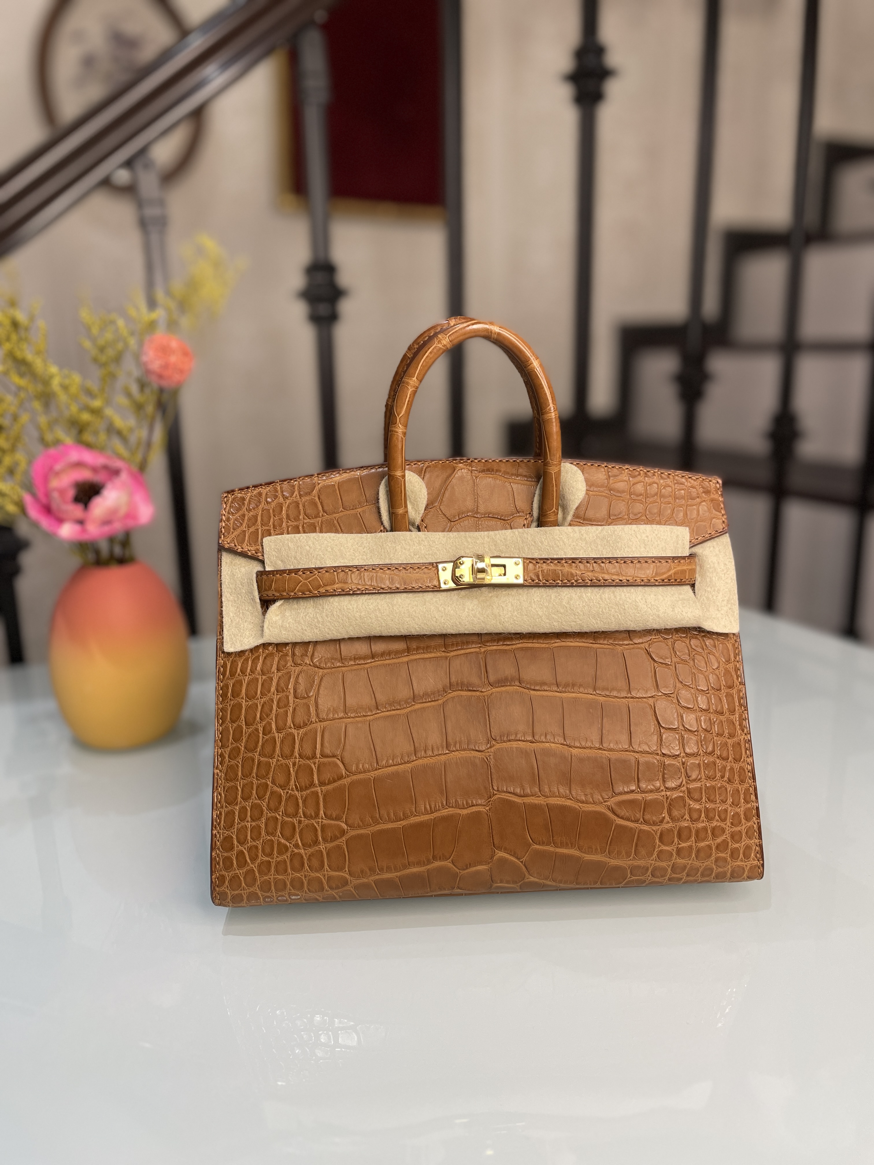 Birkin 20 金棕金扣鰐魚方塊霧面
