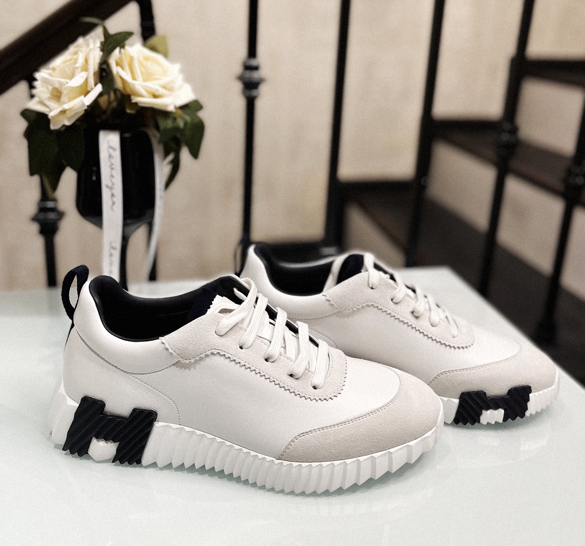 HERMES 牛皮舒适系带减震防滑耐磨透气低帮生活休闲鞋男款 白蓝黑 42.5號