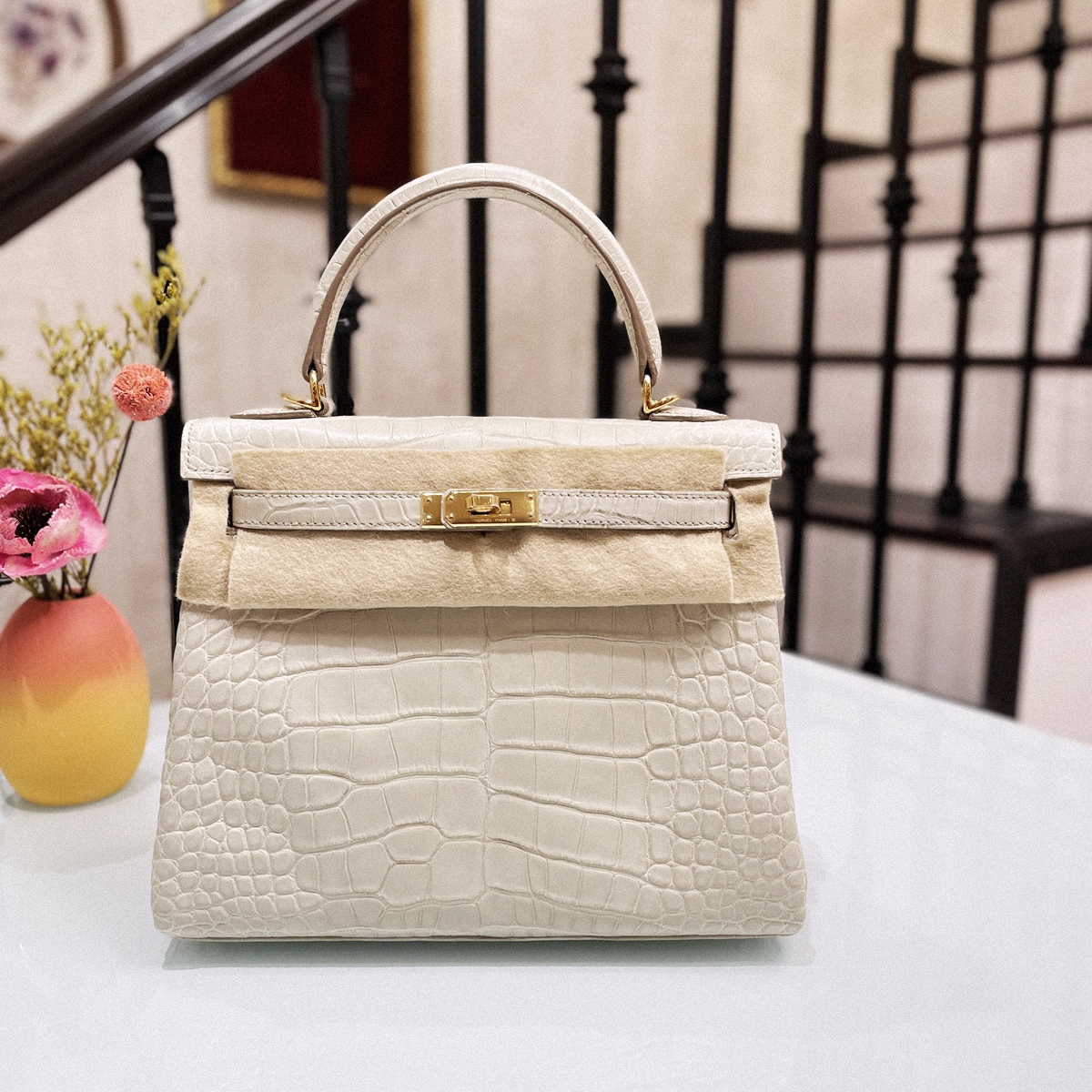 Kelly 25 Béton CC8L 冰川白金扣 霧面方塊鱷魚皮