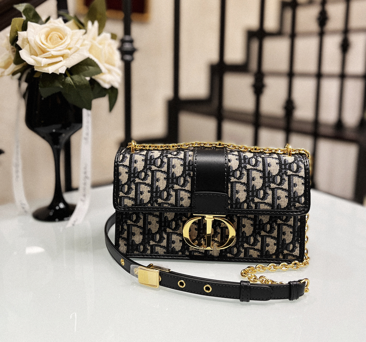 Dior Oblique 緹花藍色30 MONTAIGNE橫向手袋 21x12cm