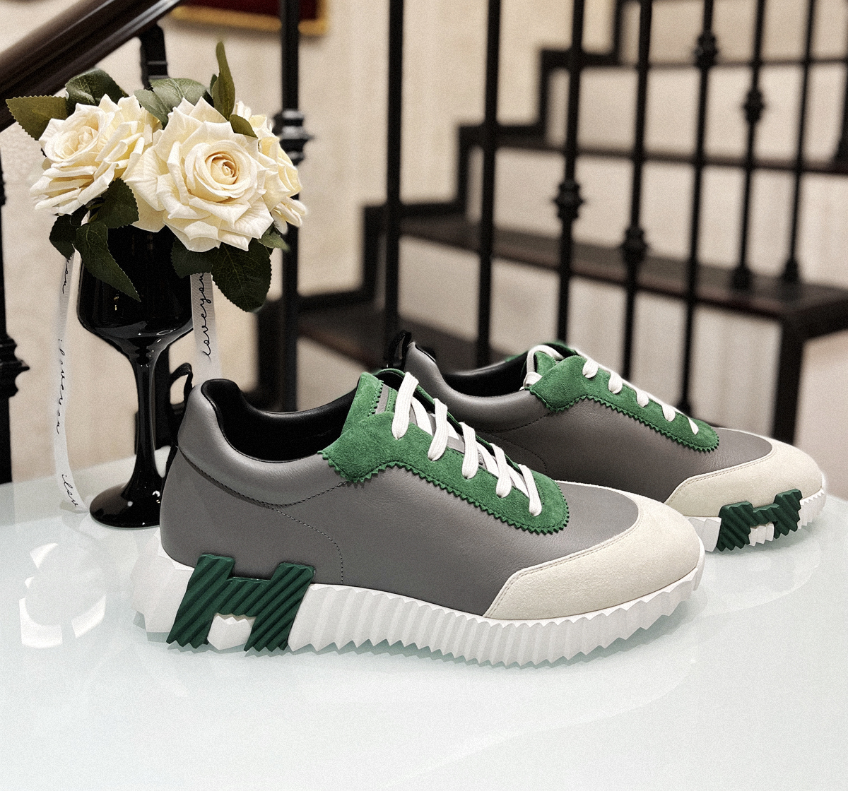 HERMES牛皮舒适系帶減震防滑耐磨透氣低幫生活休閑鞋男款 白灰绿 43號