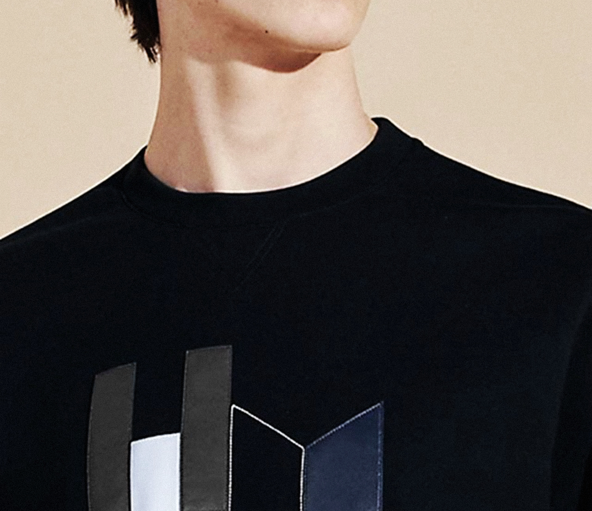 HERMES爱马仕 SS24 皮革贴饰圆领套头短袖卫衣男款 海军蓝 L码